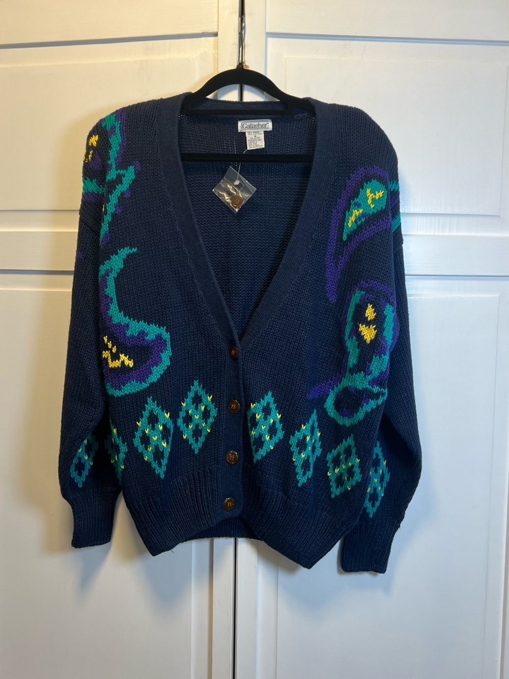 Vintage Gallagher Knit Cardigan Navy Blue Patterned Size Women’s Medium